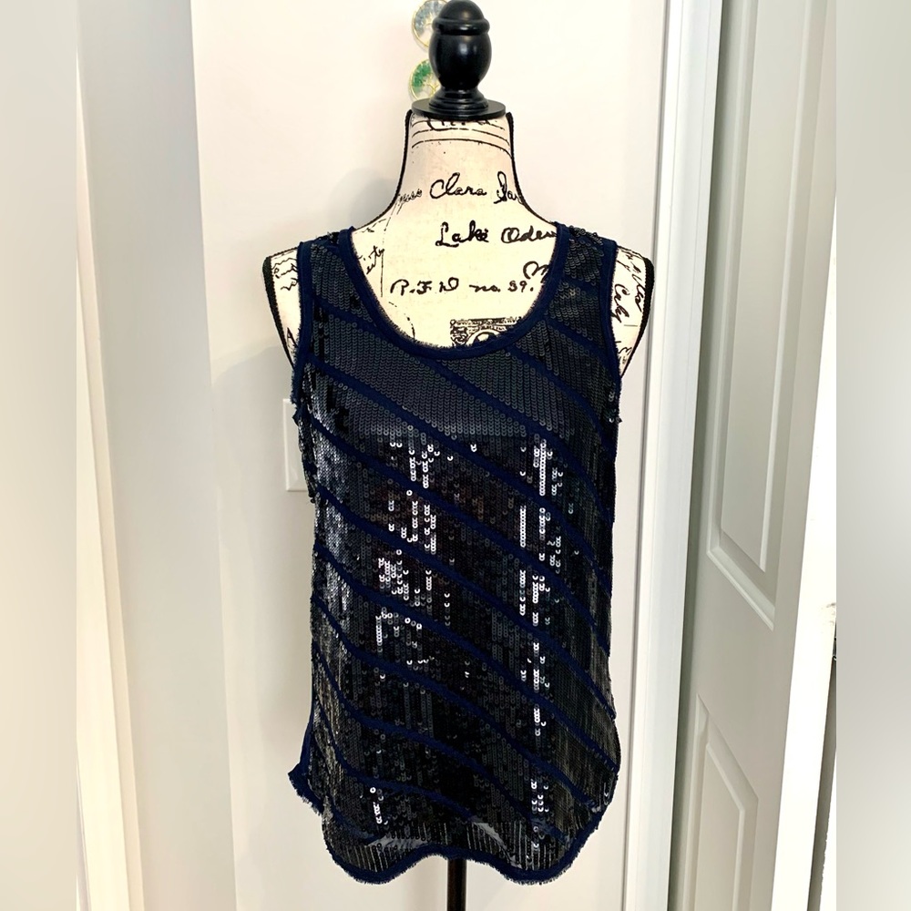 Ann Taylor Loft Dark Navy Sequin and Chiffon Top